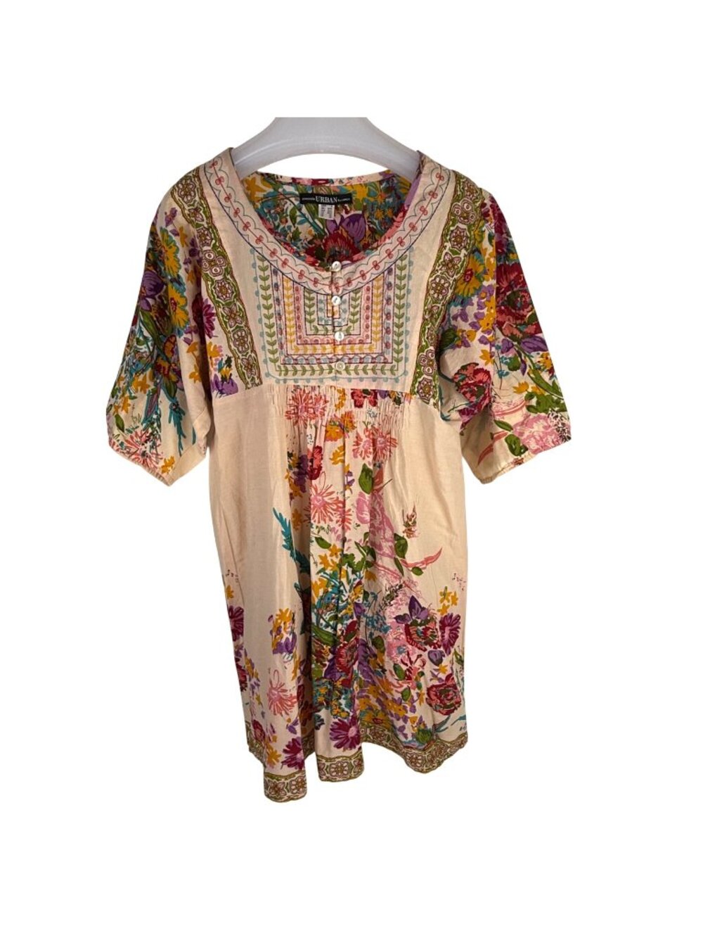 Urban Floral Boho Babydoll Mini Peasant Dress Tunic 3/4-Sleeve Scoop-Neck Size S